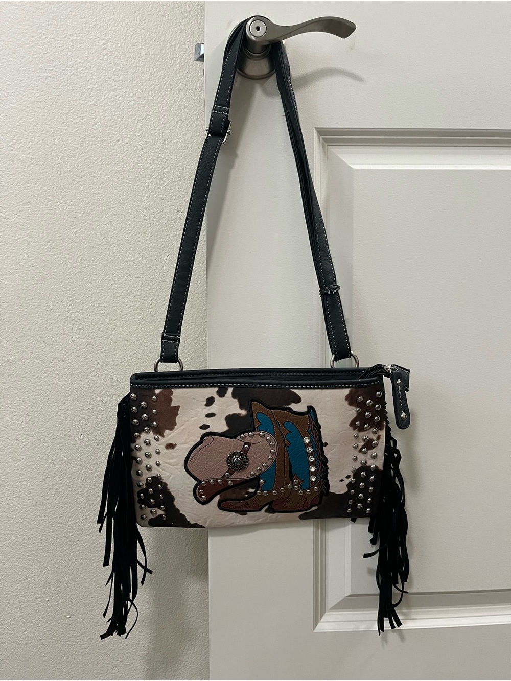 Western Cow Print Fringe Shoulder Bag | Cowboy Boot & Hat Purse | NWT
